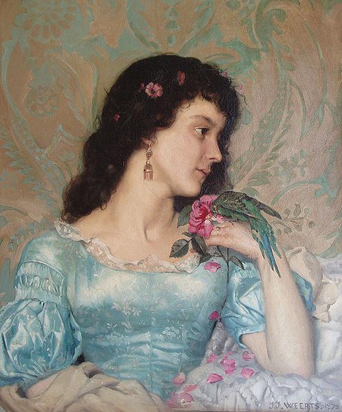  Beautiful pensive portrait of a young woman with a bird and flower